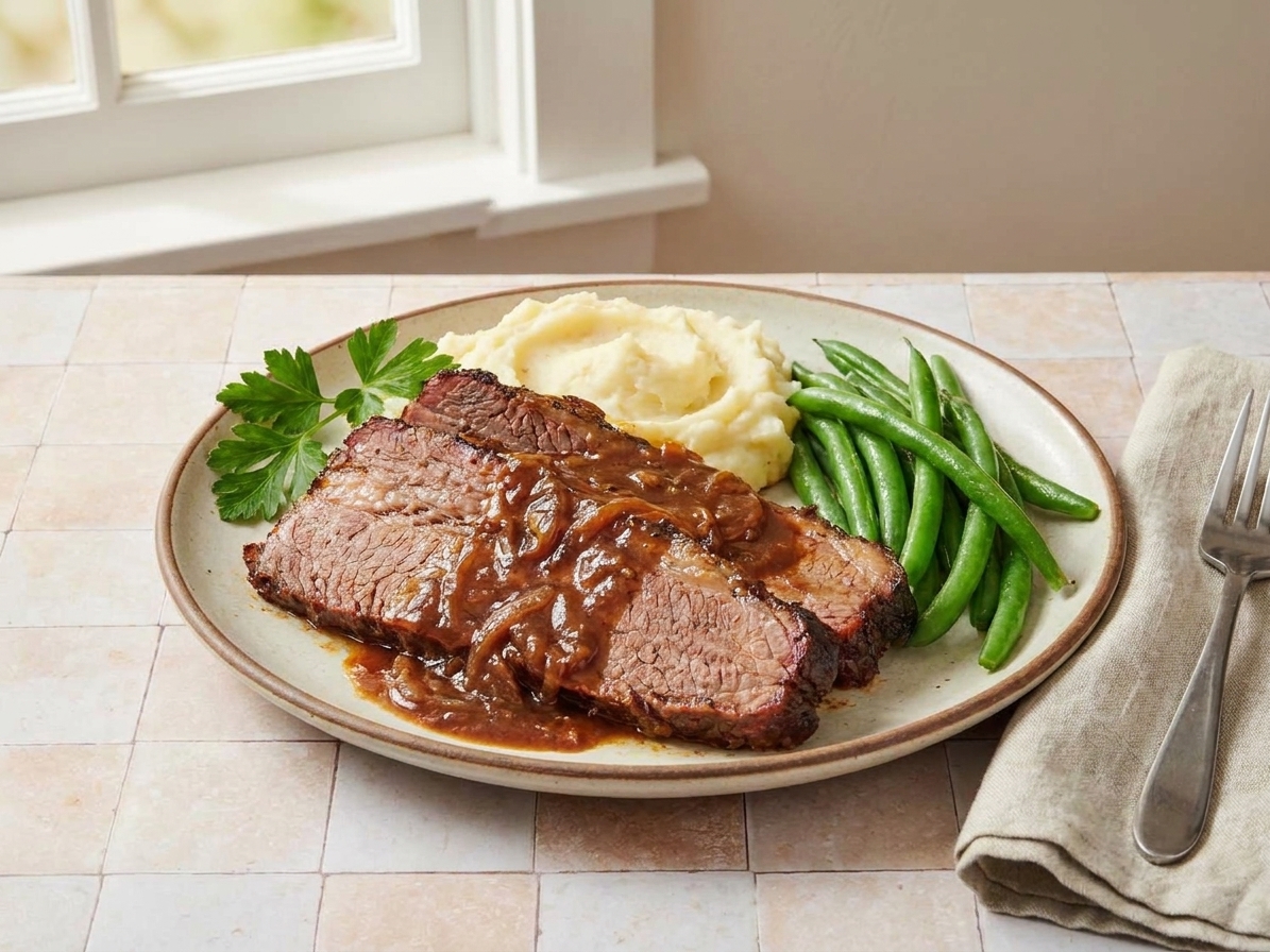 A dinner plate with sliced brisket covered in onion gravy, served with mashed potatoes and green beans on a simple table setting
