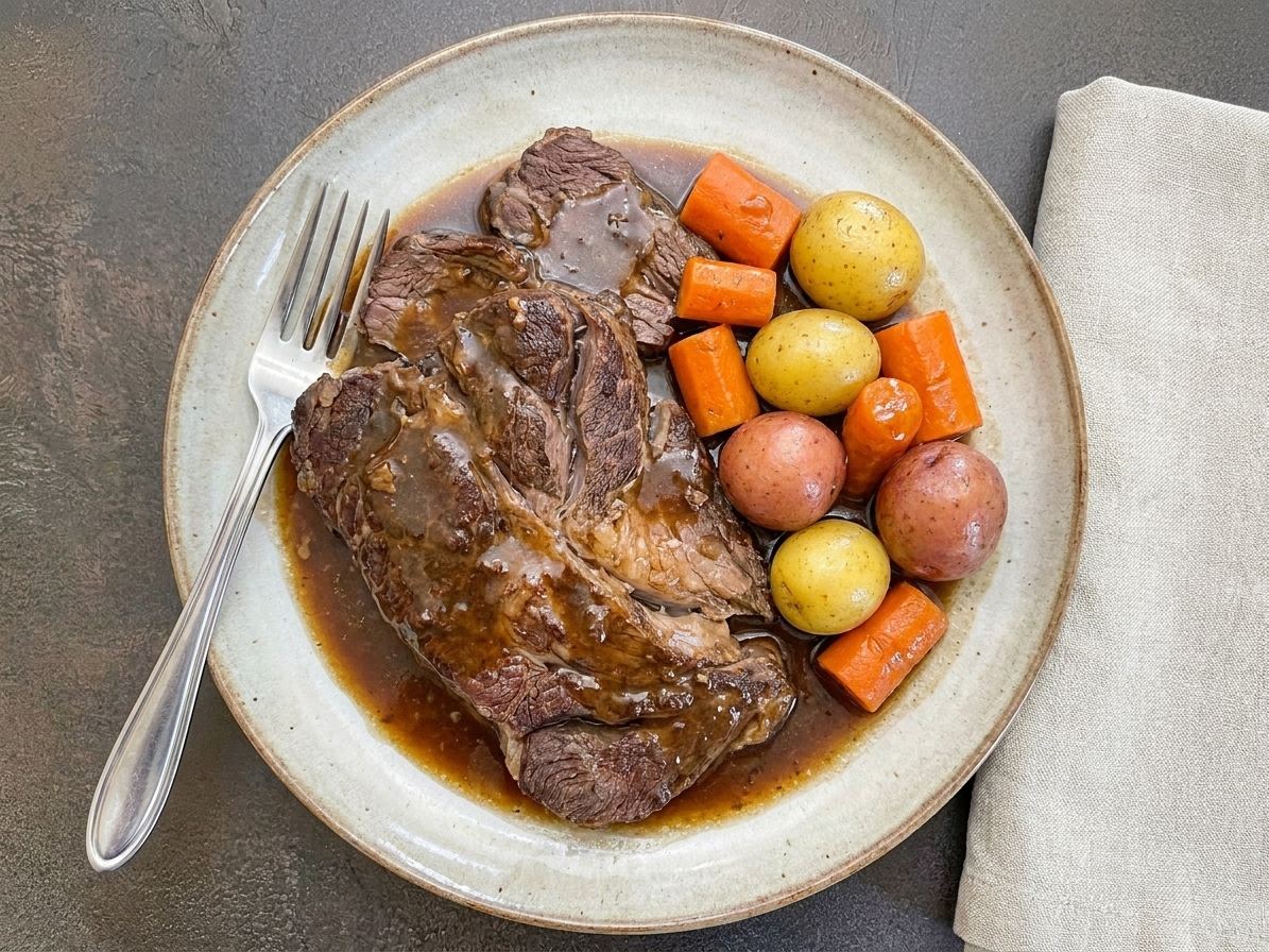 A dinner plate with sliced chuck roast, baby potatoes, and carrots covered in brown gravy, set on a rustic table with a fork and napkin