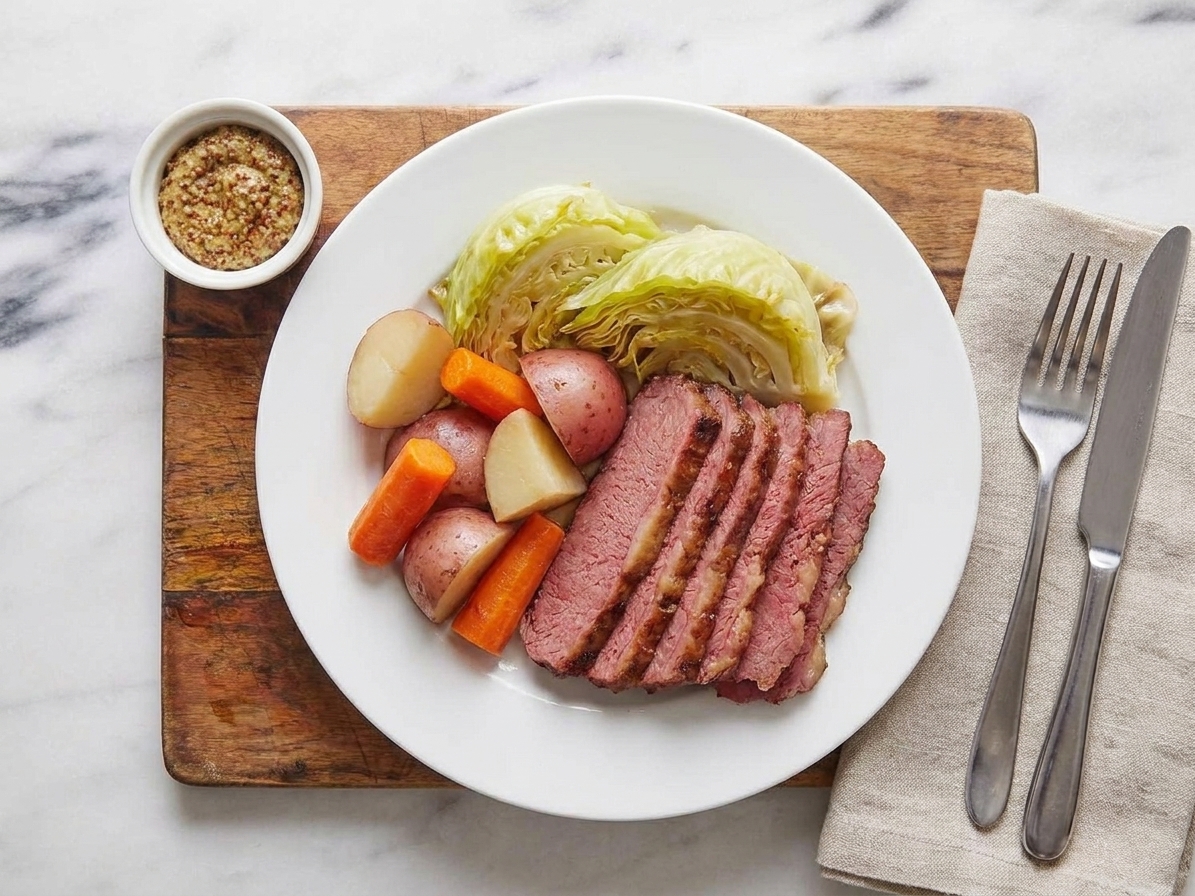 A dinner plate with sliced corned beef, cabbage wedges, carrots, and potatoes, with a small dish of mustard on the side at a simple table setting