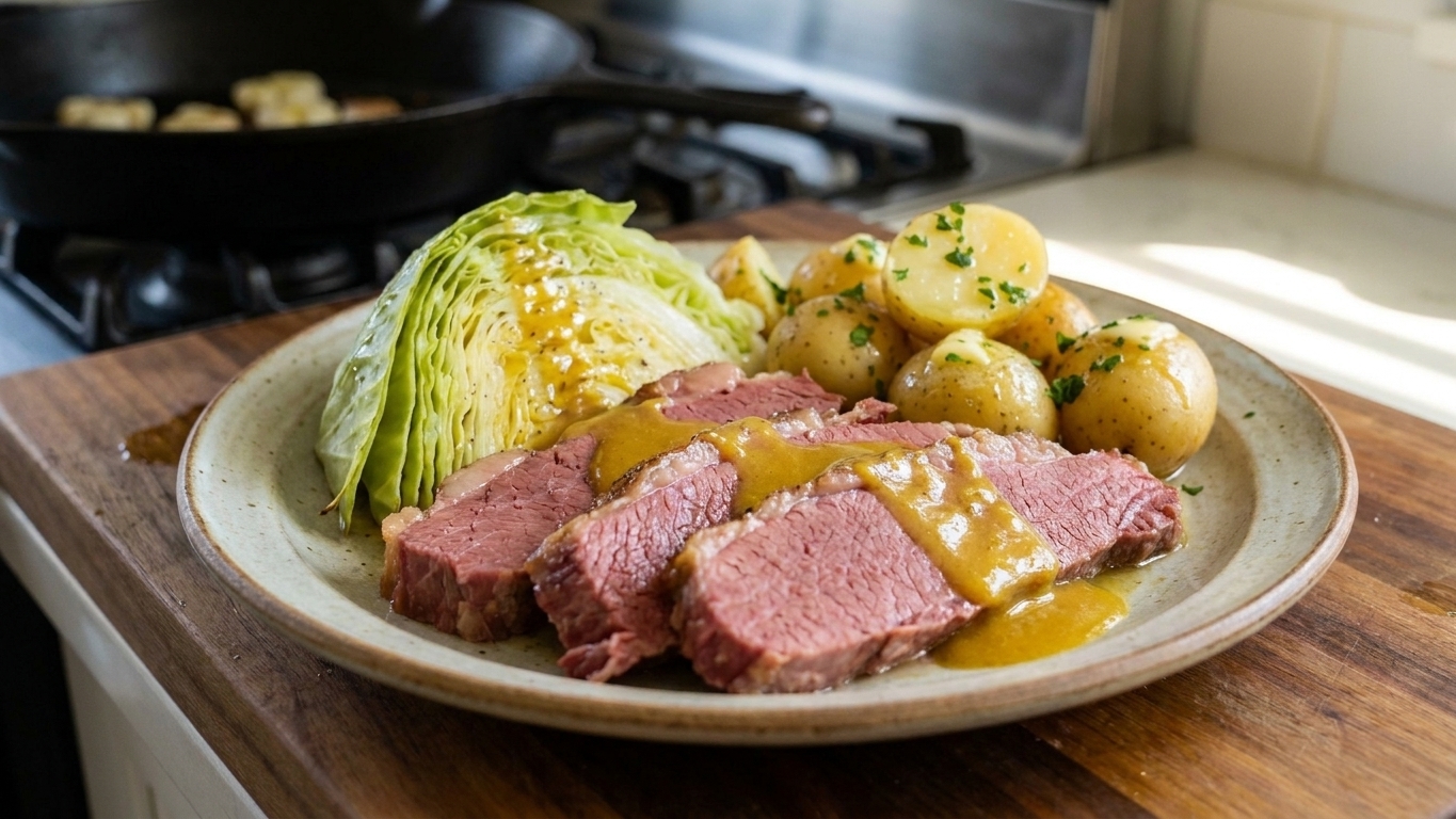 A dinner plate with sliced corned beef, tender cabbage wedge, and buttered potatoes, with a glossy mustard sauce spooned over the top