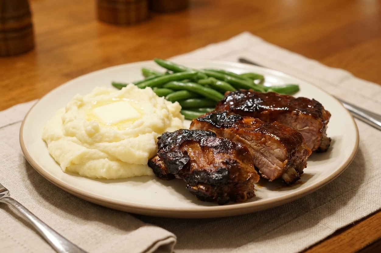 A dinner plate with sliced country style pork ribs glazed with barbecue sauce, served with mashed potatoes and green beans on a warmly lit table setting