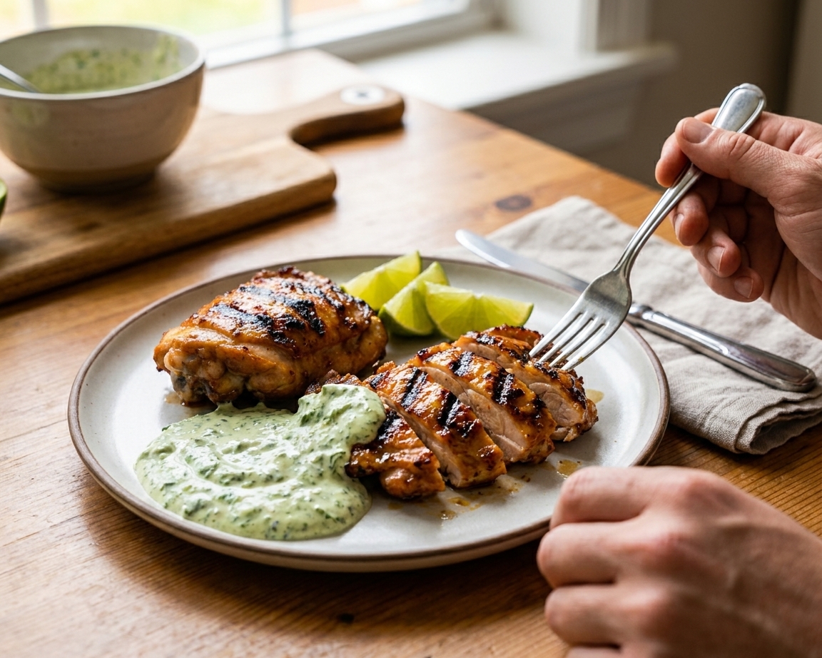 A dinner plate with sliced grilled honey lime chicken thighs, a spoonful of creamy cilantro sauce, and lime wedges on a simple kitchen table setting