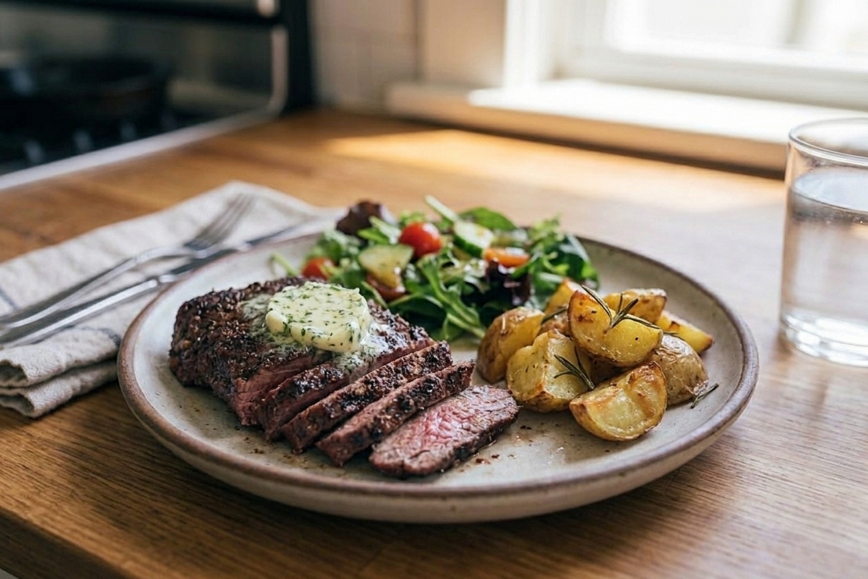 A dinner plate with sliced hanger steak topped with melting garlic herb butter, served with roasted potatoes and a simple green salad at a table setting