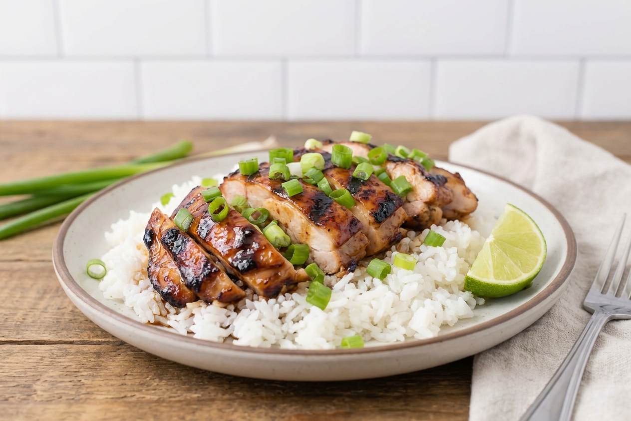 A dinner plate with sliced huli huli chicken over white rice, topped with green onions and served with a lime wedge on a wooden table