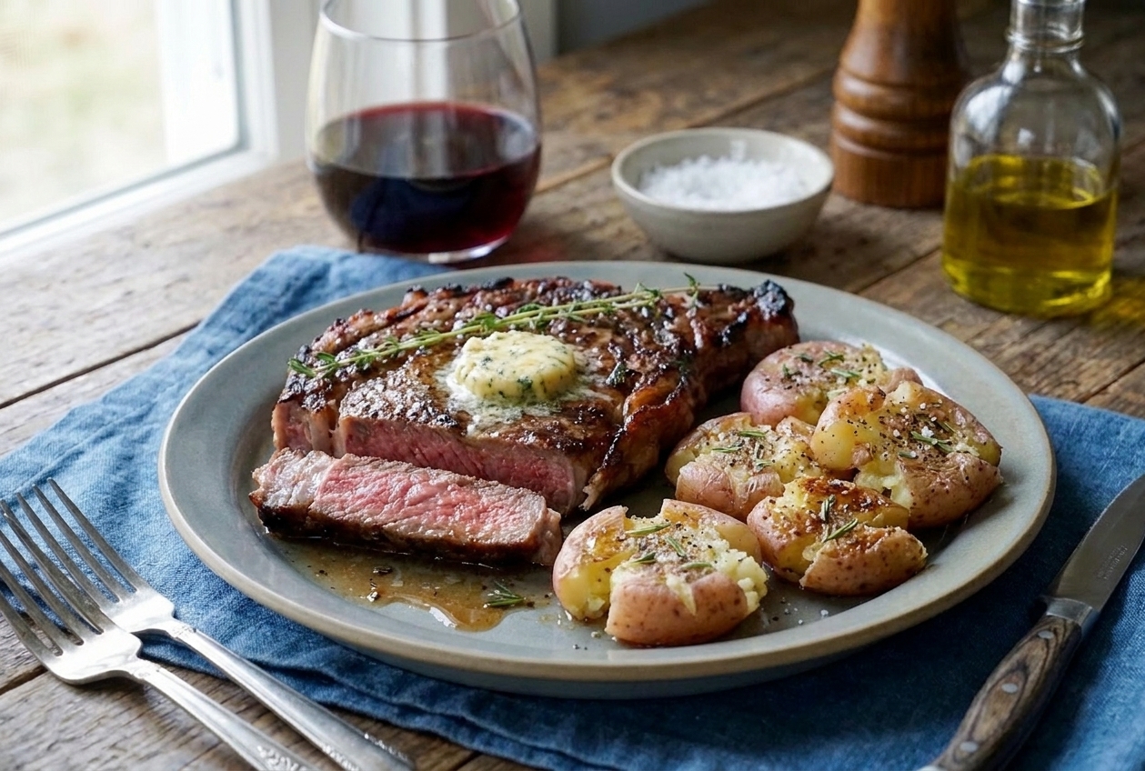 A dinner plate with sliced medium-rare steak and crispy smashed potatoes, finished with chopped herbs and a small pat of melting butter on a set table