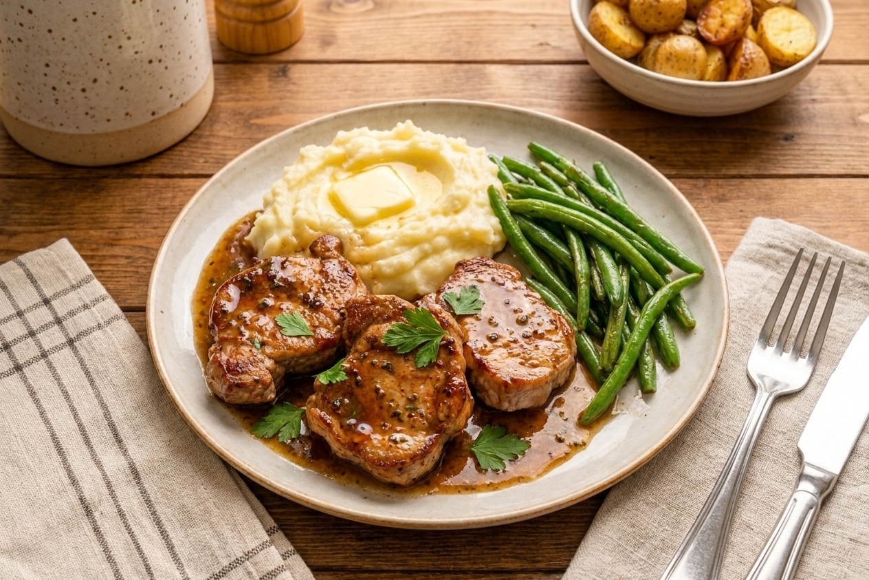 A dinner plate with sliced pork medallions topped with glossy pan sauce, served with mashed potatoes and green beans on a simple table setting