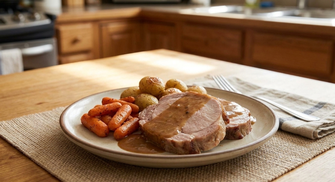 A dinner plate with sliced pork roast, carrots, and potatoes covered in brown gravy on a simple table setting