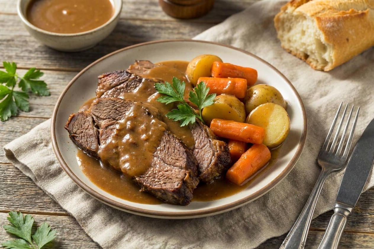 A dinner plate with sliced pot roast, carrots, and potatoes covered in brown gravy on a rustic table setting with a linen napkin