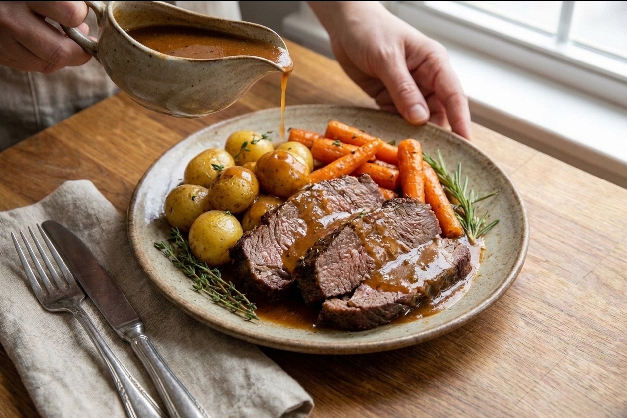 A dinner plate with sliced pot roast, carrots, and potatoes covered in rich brown gravy, set on a cozy family table with simple linen napkin