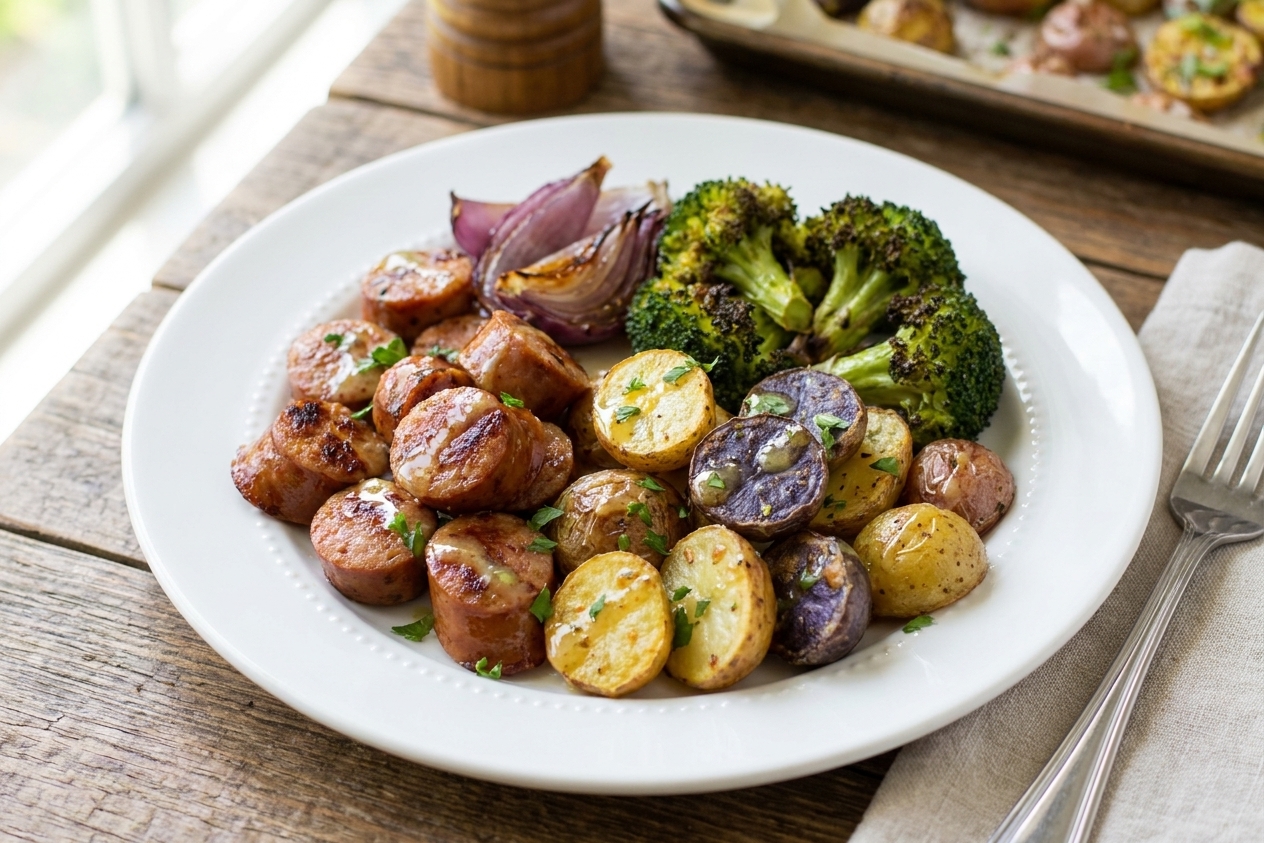 A dinner plate with sliced roasted sausage, crispy baby potatoes, broccoli, and red onion with a glossy lemon Dijon drizzle on top, set on a simple table setting