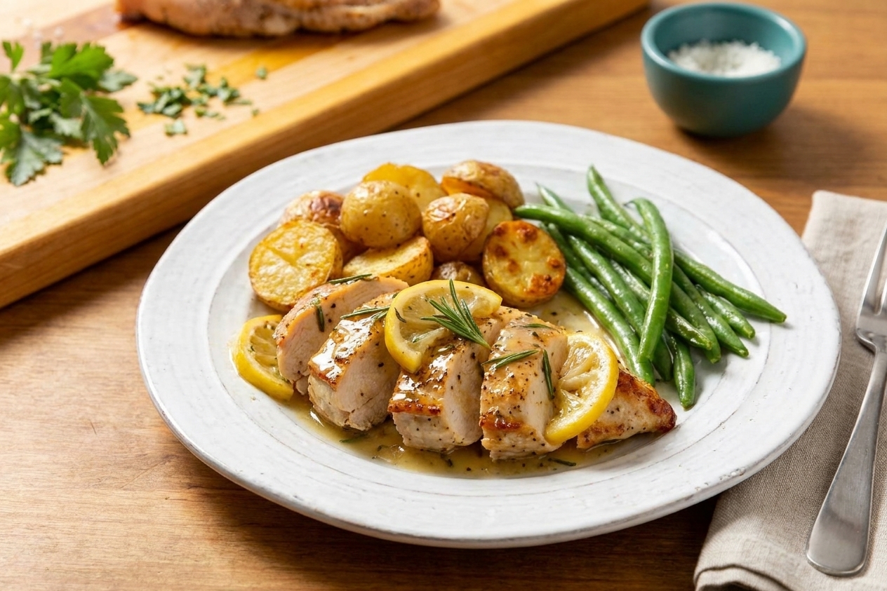A dinner plate with sliced rosemary chicken topped with glossy lemon pan sauce, served with roasted potatoes and green beans on a simple table setting
