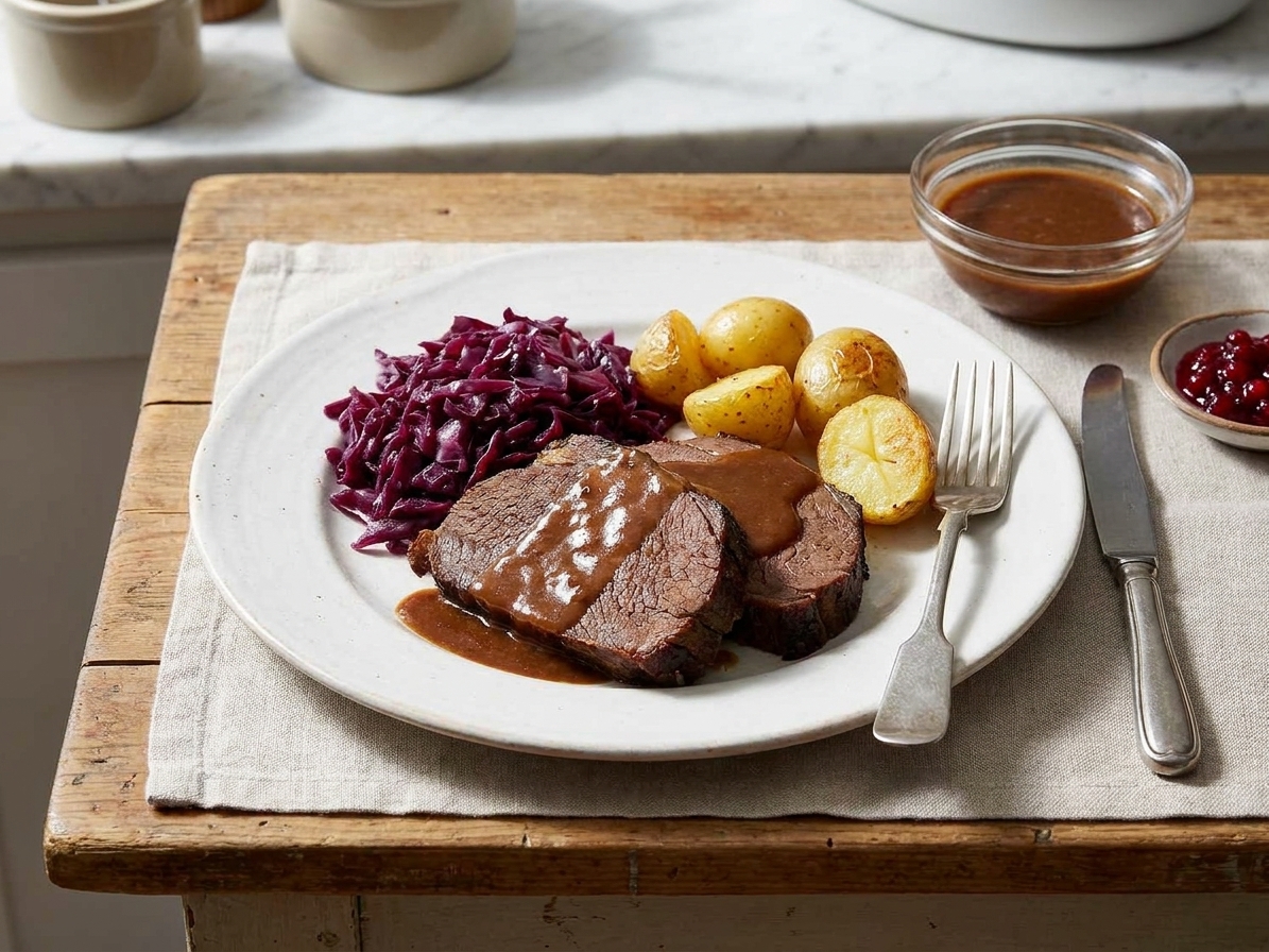 A dinner plate with sliced sauerbraten covered in brown gravy served alongside red cabbage and potatoes on a simple table setting