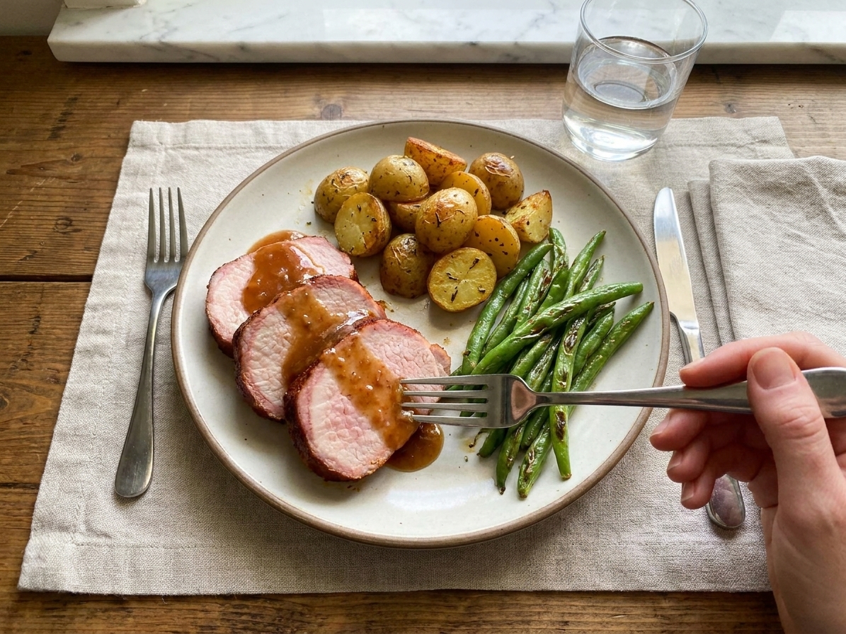 A dinner plate with sliced smoked pork loin, a drizzle of apple cider sauce, roasted potatoes, and green beans on a neatly set table