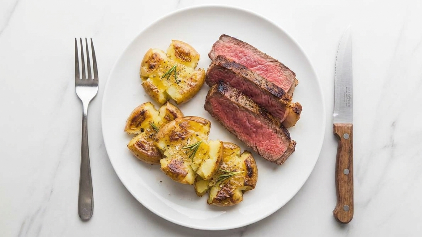 A dinner plate with sliced steak and crispy smashed potatoes topped with herbs, set on a simple table with a fork and steak knife