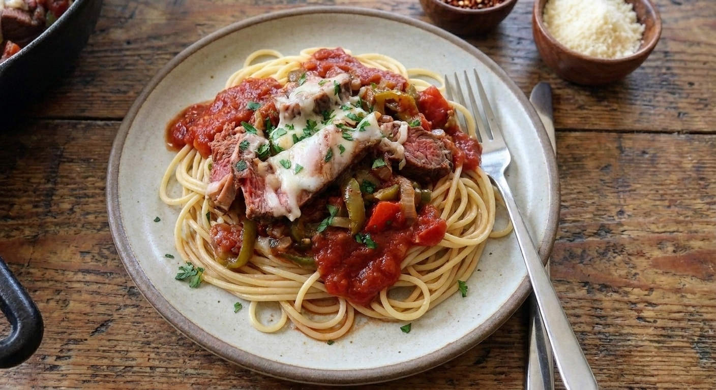 A dinner plate with steak pizzaiola spooned over spaghetti, with extra tomato sauce and a sprinkle of chopped parsley, set on a simple wooden table