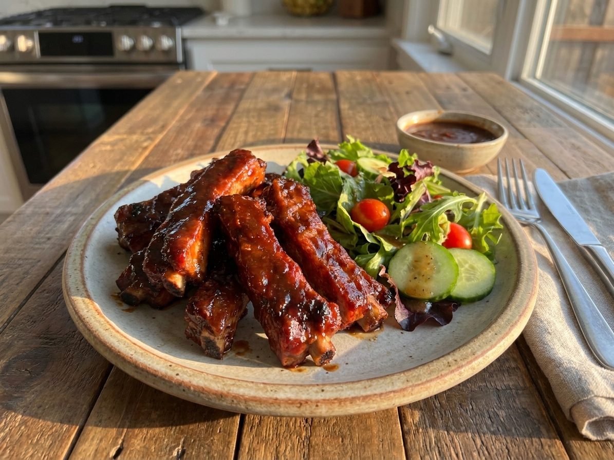 A dinner plate with sticky BBQ riblets and a simple side salad on a wooden table with warm evening light