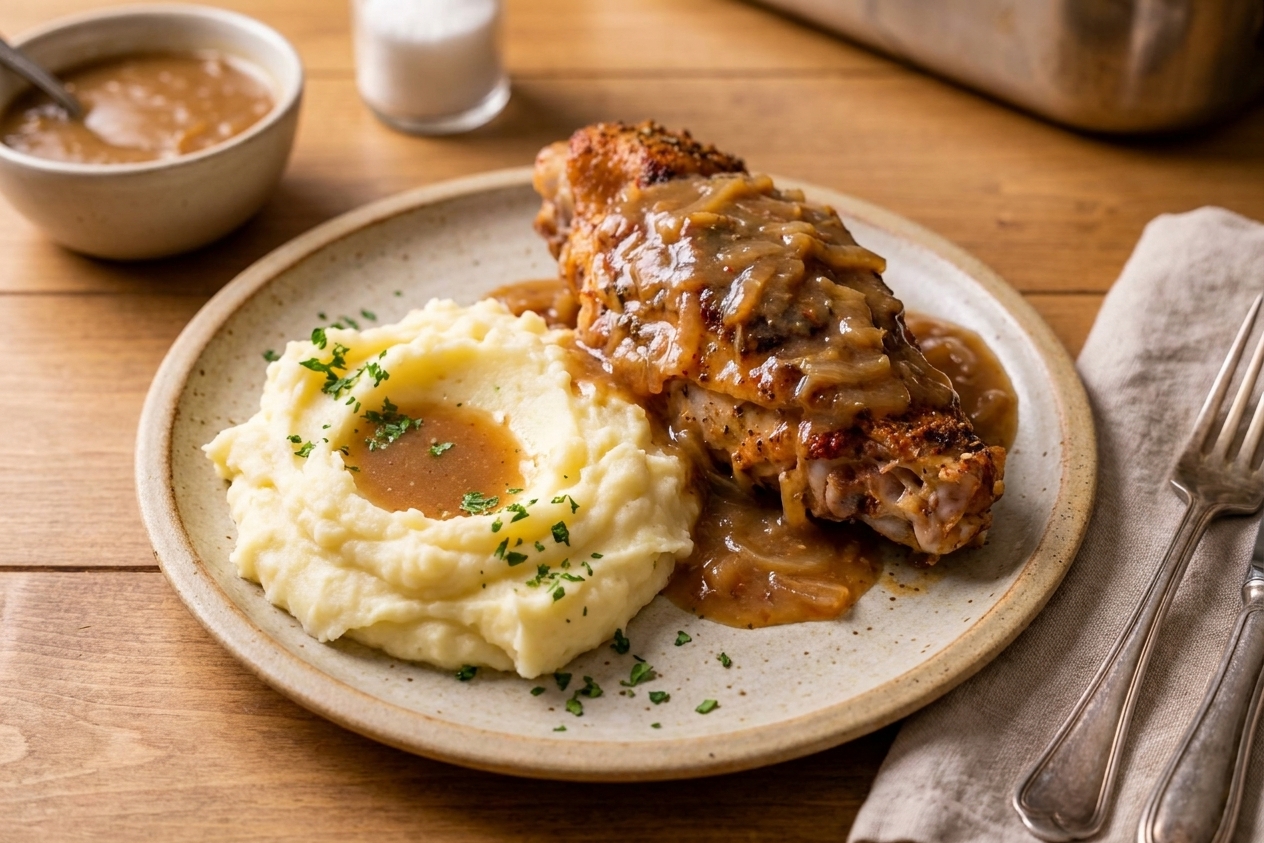 A dinner plate with tender turkey wing and onion gravy served alongside mashed potatoes on a simple table setting