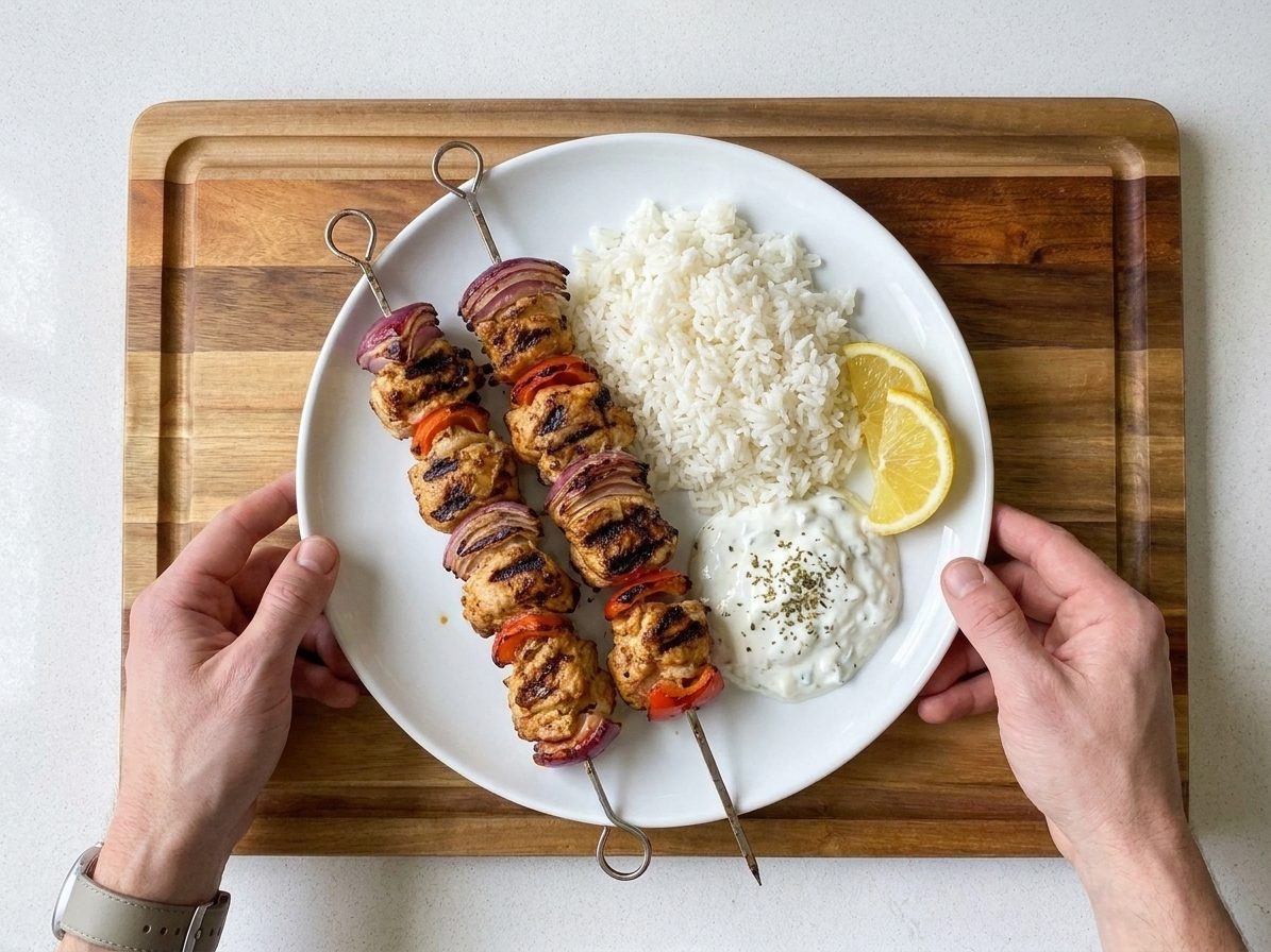 A dinner plate with two chicken kabobs, fluffy rice, a dollop of tzatziki, and lemon wedges on a simple table setting in warm indoor light