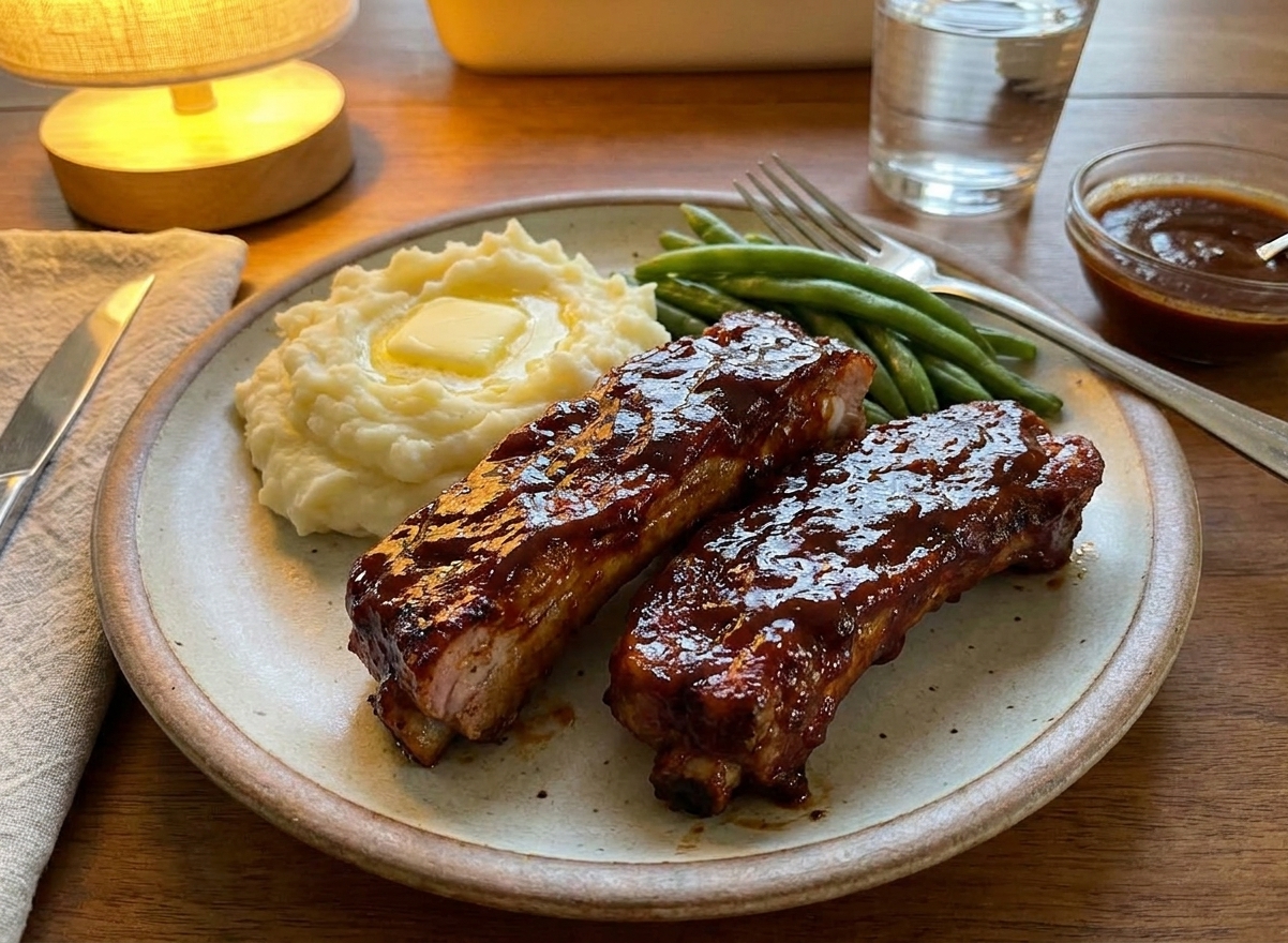 A dinner plate with two country style ribs glazed in barbecue sauce served with mashed potatoes and green beans on a warmly lit table