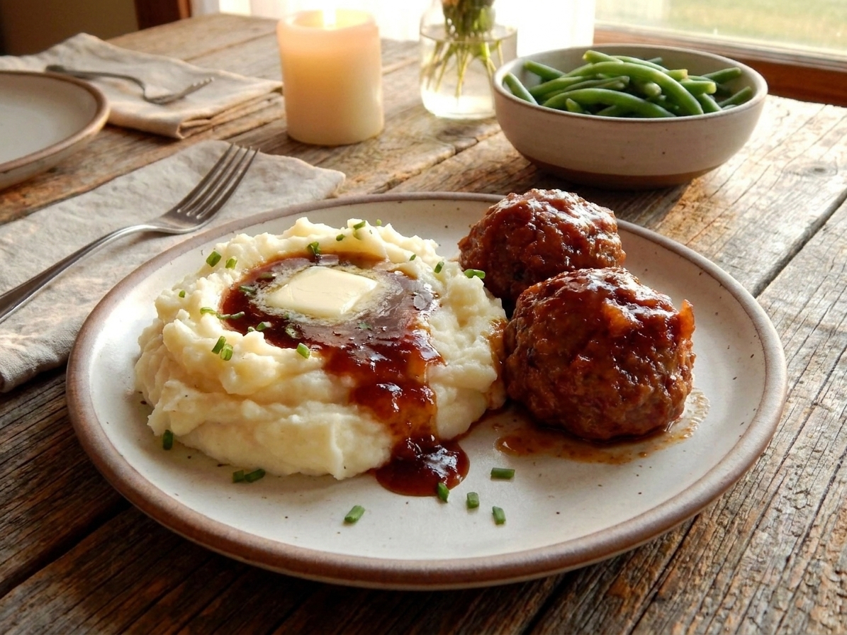 A dinner plate with two glazed ham balls beside creamy mashed potatoes, with extra sauce spooned over the top