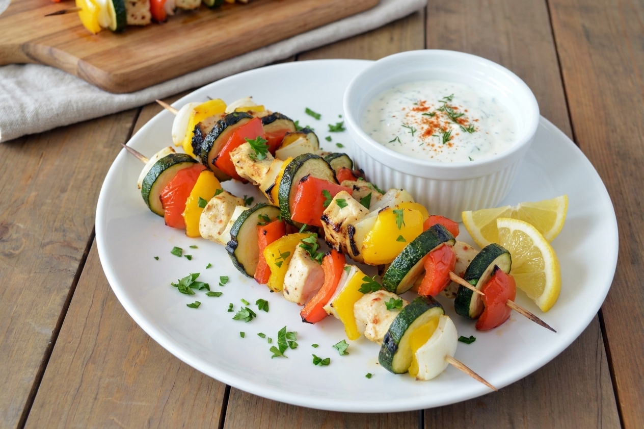 A dinner plate with two grilled chicken kabobs, scattered parsley, lemon wedges, and a small bowl of yogurt sauce on a wooden table