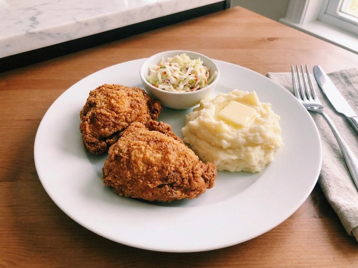 A dinner plate with two pieces of crispy golden chicken next to mashed potatoes and coleslaw on a simple family table setting