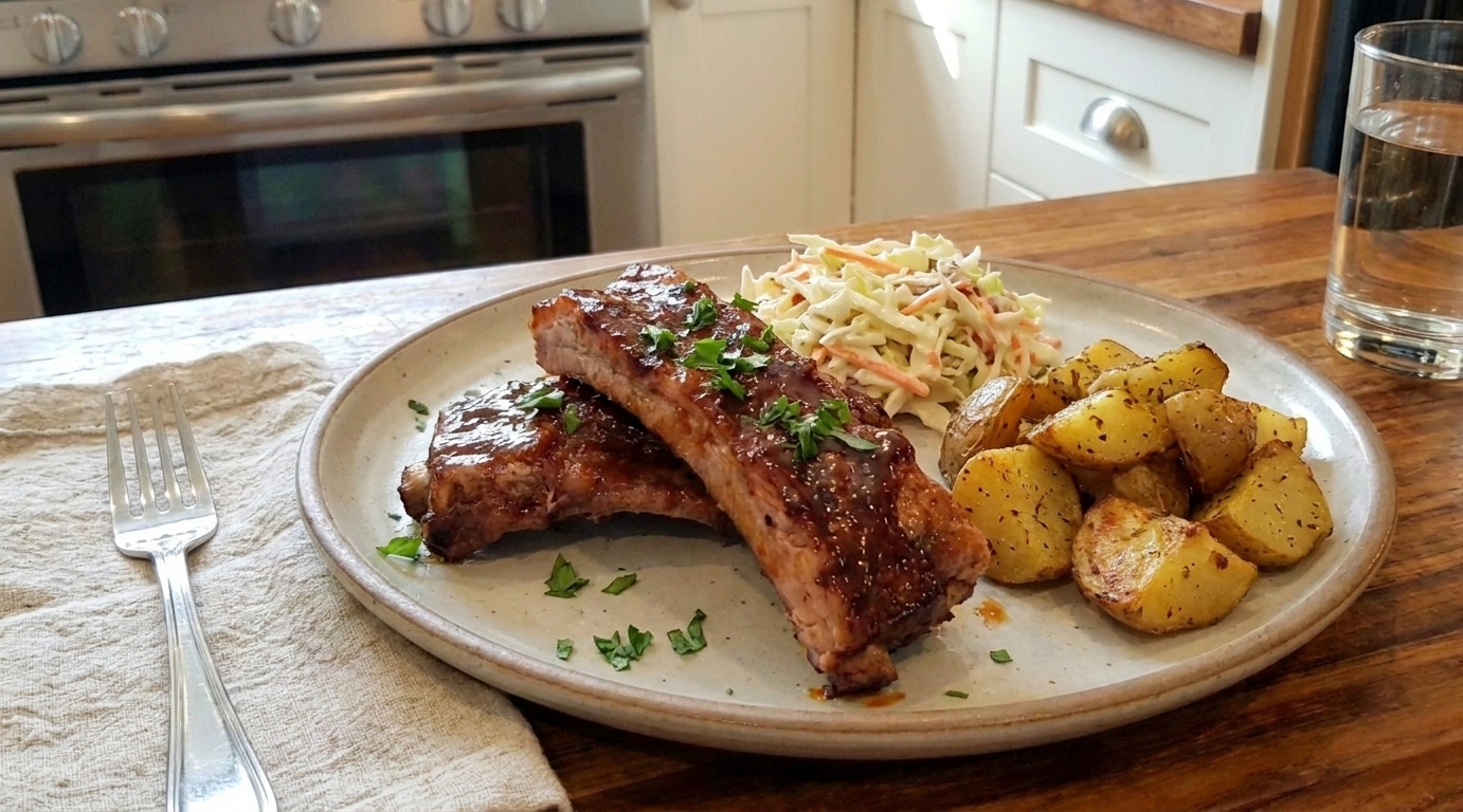 A dinner plate with two saucy pork ribs, creamy coleslaw, and roasted potatoes on a simple table setting with a fork and cloth napkin