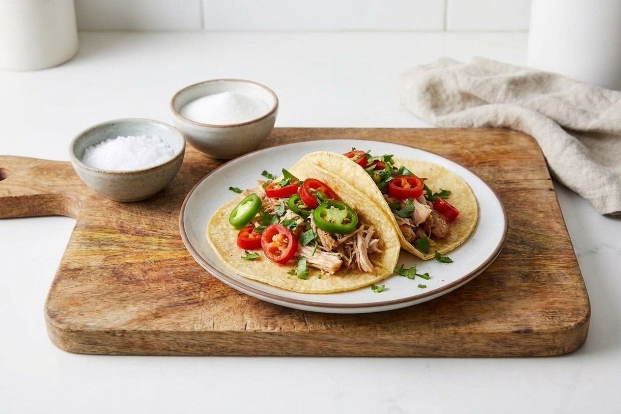 A dinner plate with two tacos topped with pickled pepper rings and chopped cilantro on a simple table setting