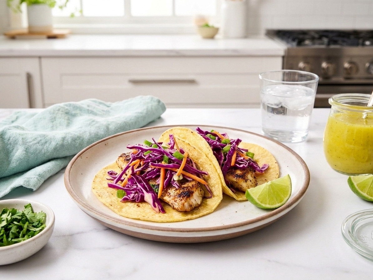 A dinner plate with two tacos topped with vibrant purple cabbage slaw, set on a simple table with a lime wedge and a glass of water nearby