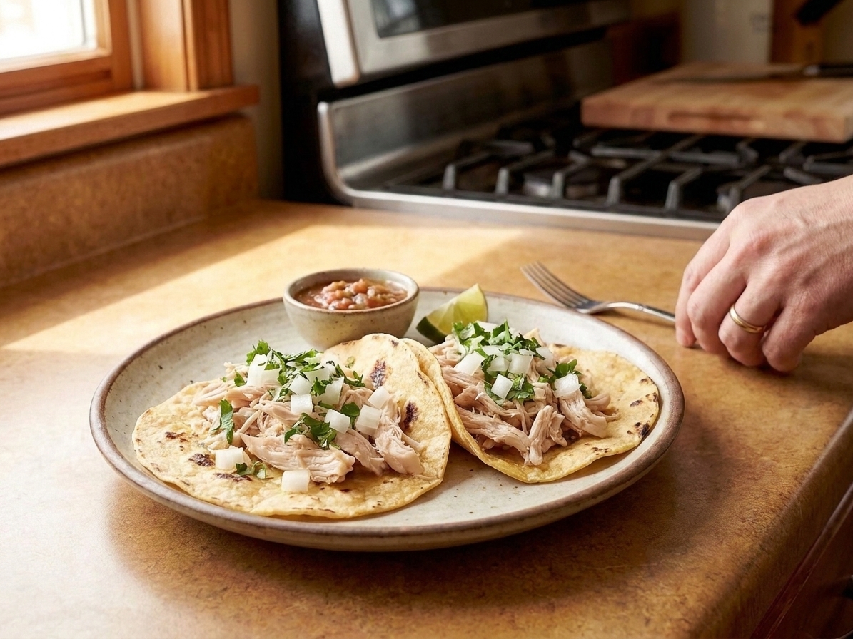 A dinner plate with warm tortillas topped with shredded chicken, diced onions, and fresh herbs on a simple table setting