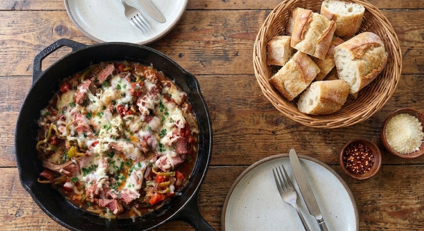 A dinner table set with a skillet of steak pizzaiola, a basket of crusty bread, and simple plates ready to serve