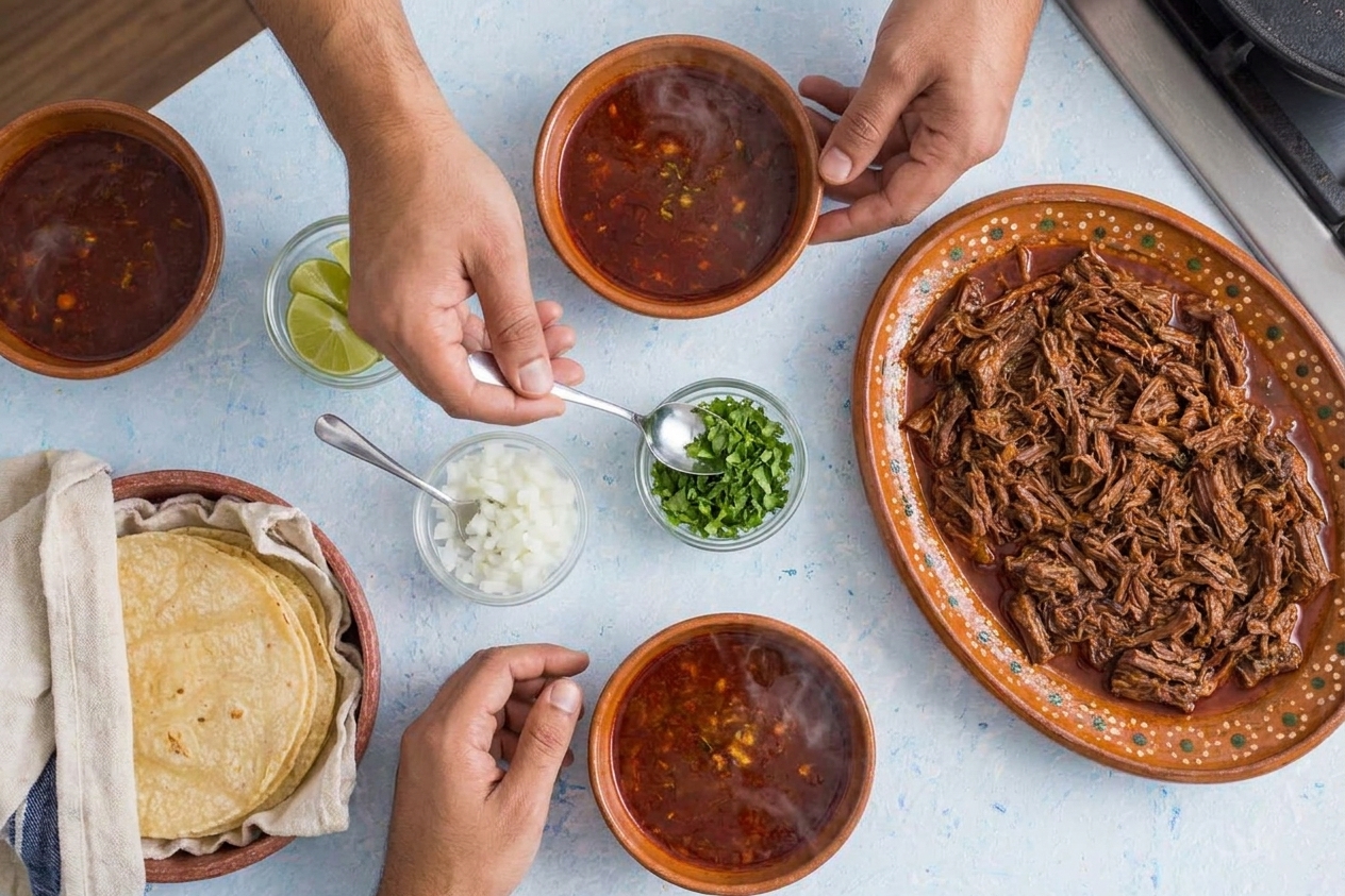 A dinner table set with bowls of birria broth, a platter of shredded beef, warm tortillas, onions, cilantro, and lime wedges