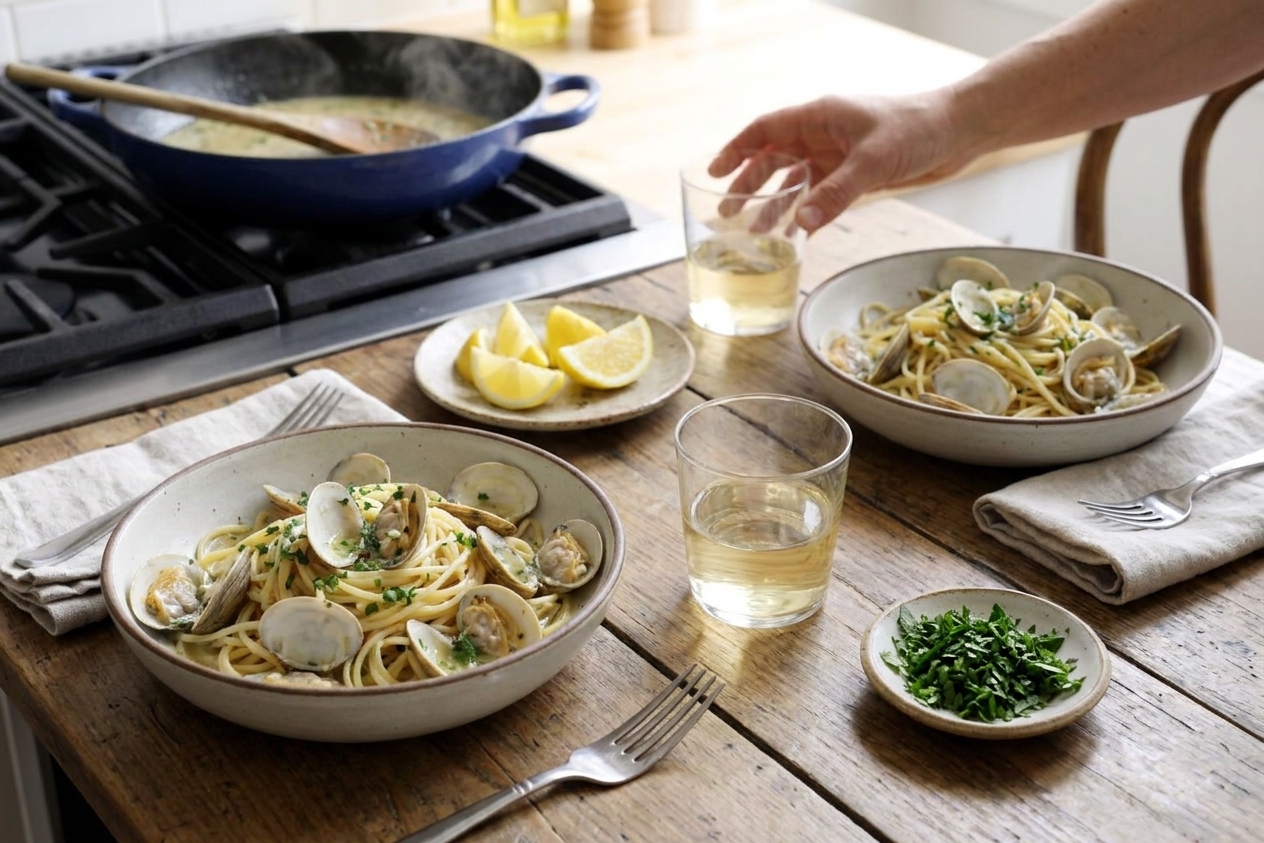 A dinner table set with bowls of spaghetti alle vongole, lemon wedges, a small plate of extra parsley, and glasses of white wine