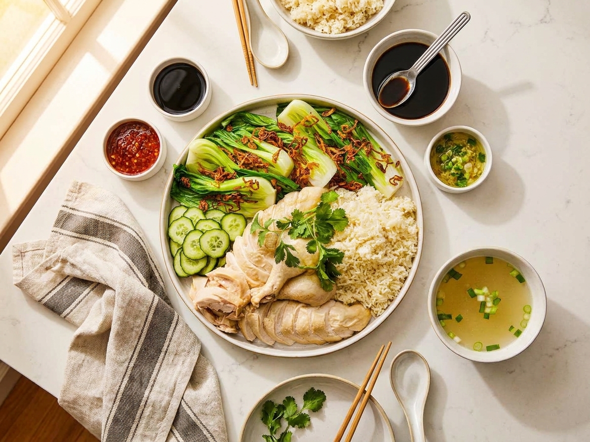 A dinner table set with plates of Hainanese chicken rice, small bowls of three sauces, cucumber slices, and a bowl of clear broth in warm natural light