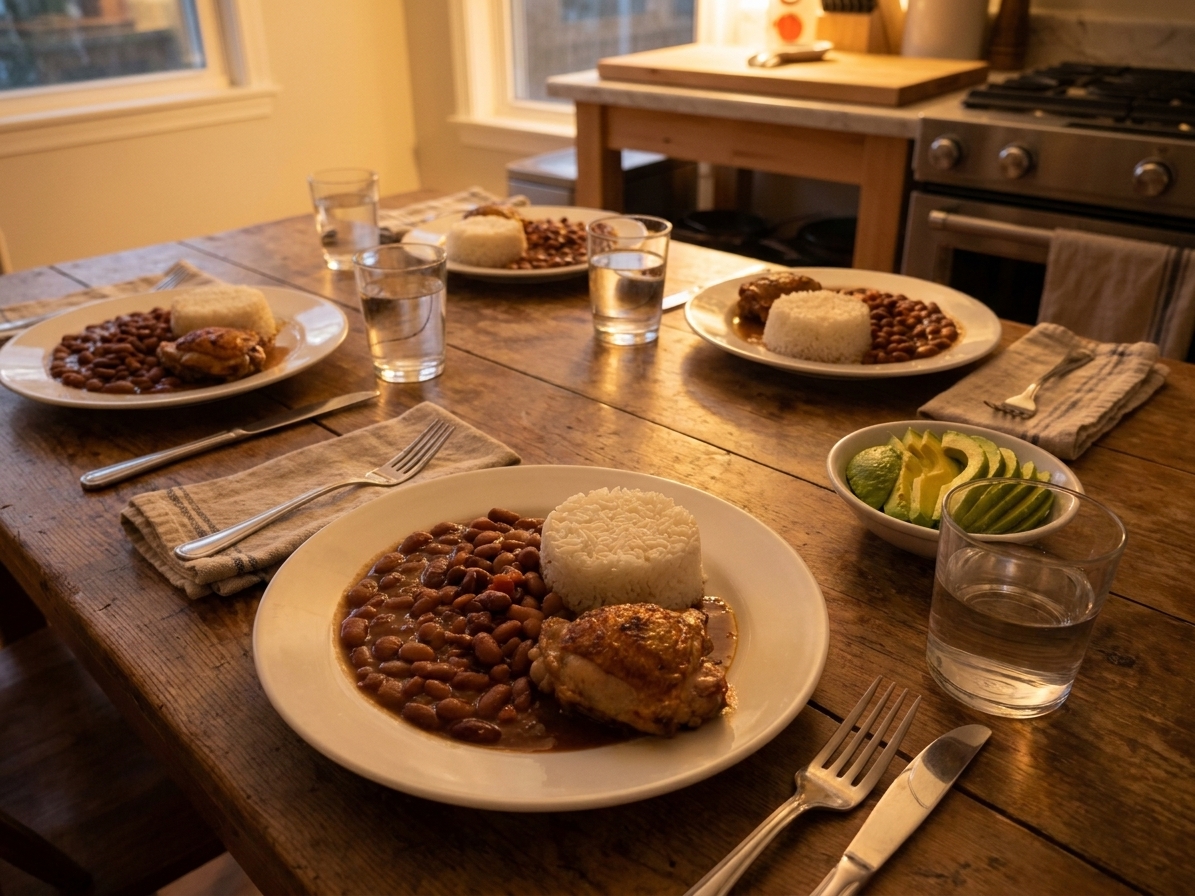 A dinner table set with plates of la bandera, water glasses, and a bowl of sliced avocado in warm evening light