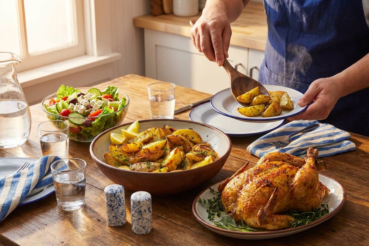 A dinner table setting with a bowl of Greek lemon potatoes alongside roast chicken, a simple salad, and glasses of water in warm evening light