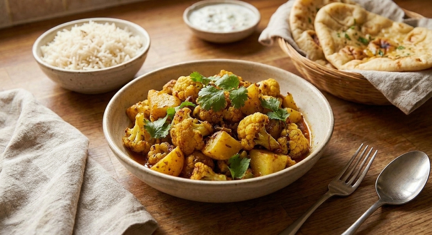 A dinner table setting with a bowl of gobi aloo served alongside basmati rice and naan