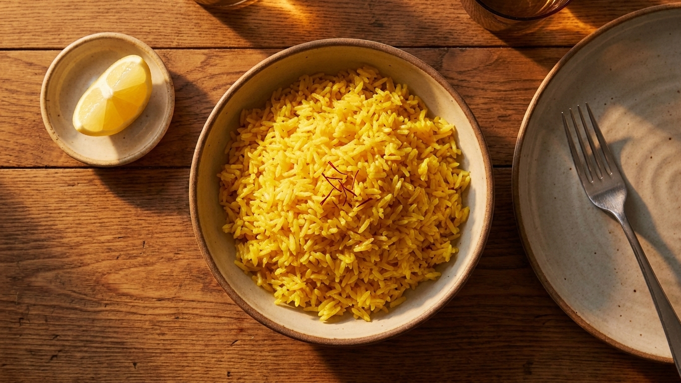 A dinner table setting with a bowl of saffron rice, a plate and fork nearby, and a lemon wedge on a small dish in warm evening light