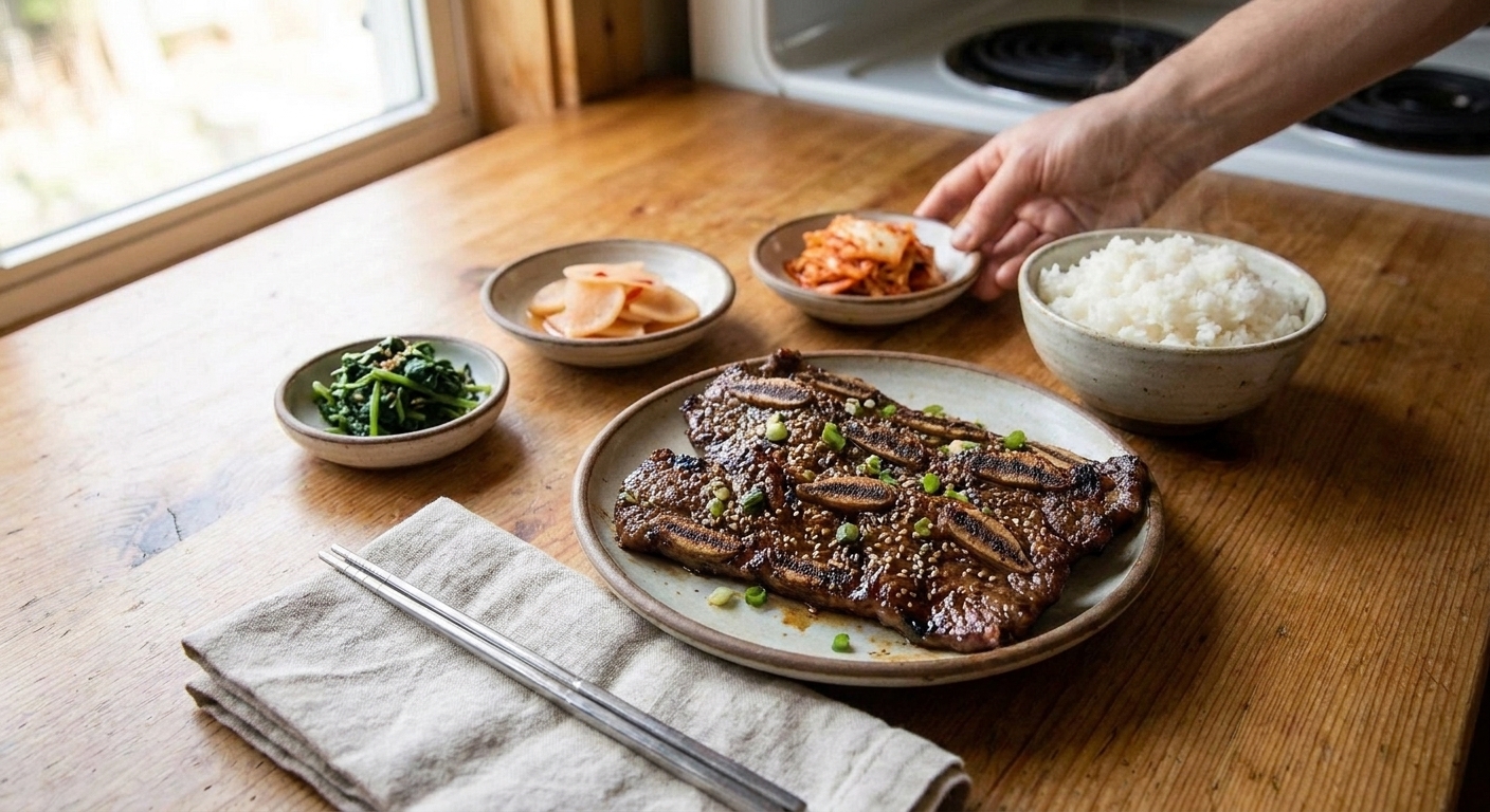 A dinner table setting with a plate of Korean short ribs, a bowl of steamed rice, small side dishes, and chopsticks on a linen napkin