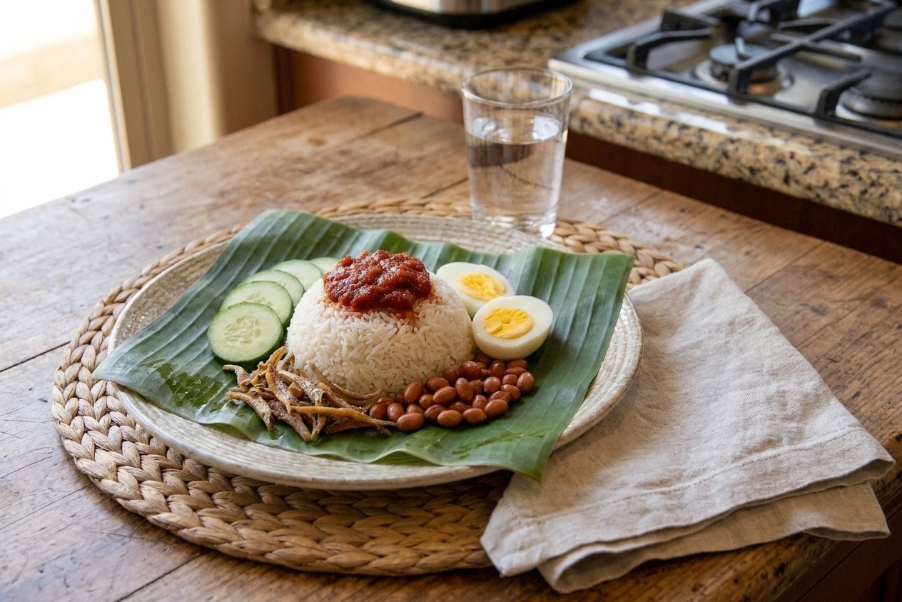 A dinner table setting with a plate of nasi lemak, a spoonful of sambal, cucumber slices, peanuts, anchovies, and egg, with a glass of water and simple napkin beside the plate