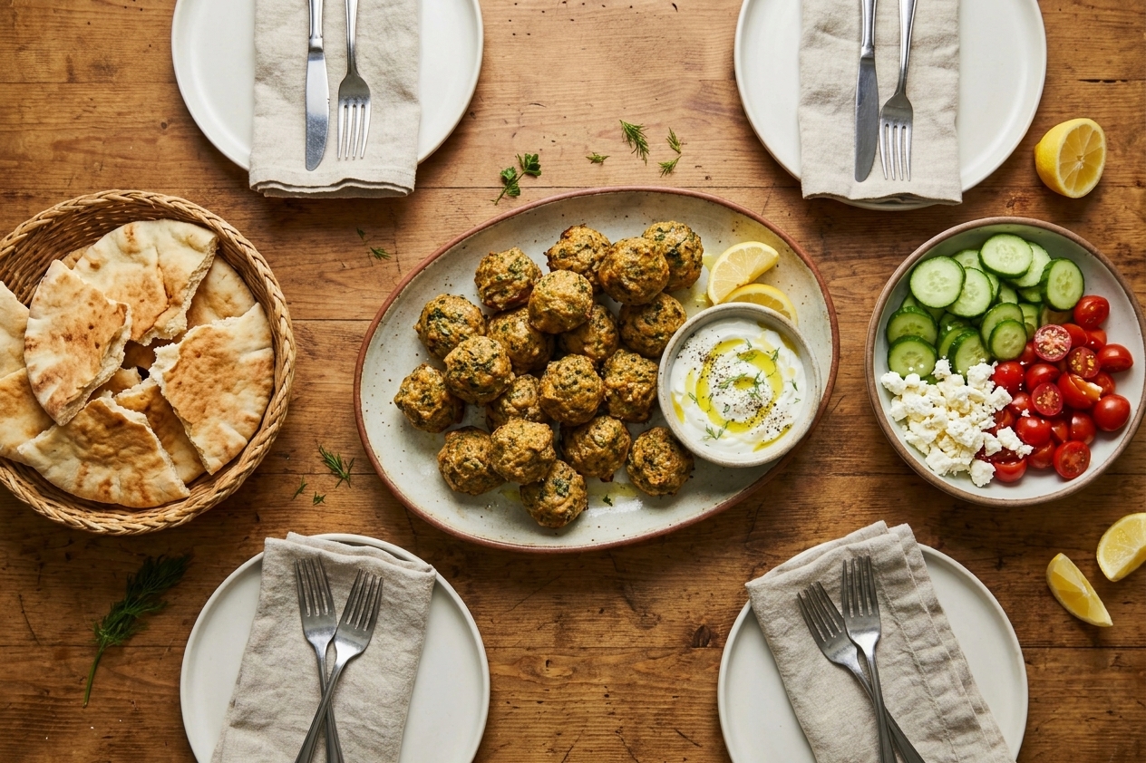 A dinner table setting with a platter of Greek meatballs, warm pita bread, a bowl of yogurt sauce, sliced cucumbers and tomatoes, and crumbled feta