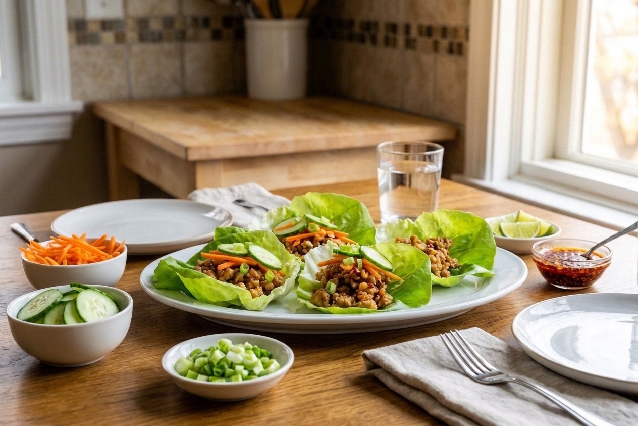 A dinner table setting with a platter of lettuce wraps and small bowls of toppings like shredded carrots, cucumbers, scallions, and lime wedges