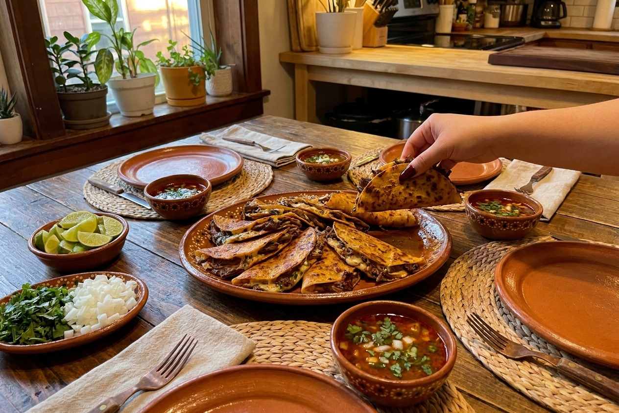 A dinner table setting with a platter of quesabirria tacos, small bowls of red broth for dipping, lime wedges, and cilantro and onion on the side under warm evening light