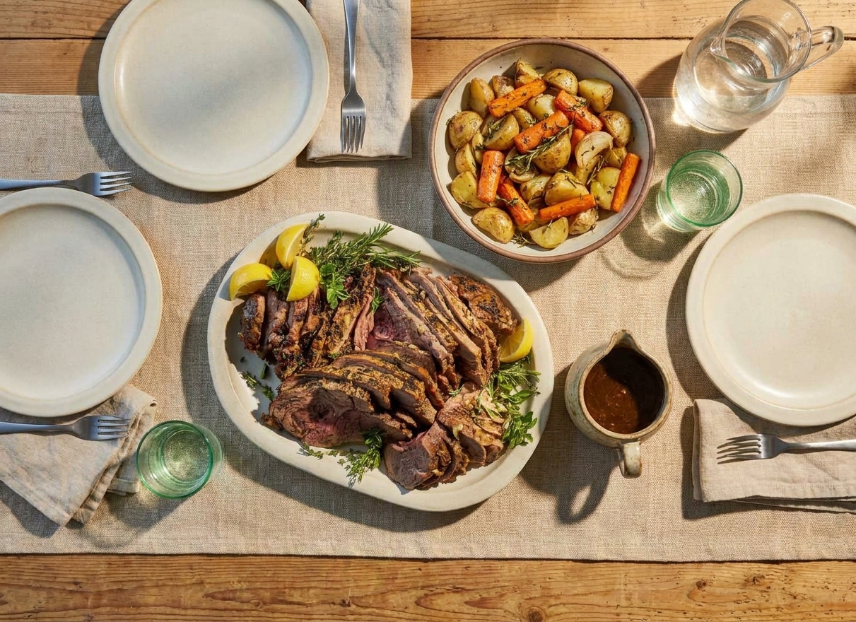 A dinner table setting with a platter of sliced roast leg of lamb, a small gravy boat, roasted vegetables, and simple plates ready to serve