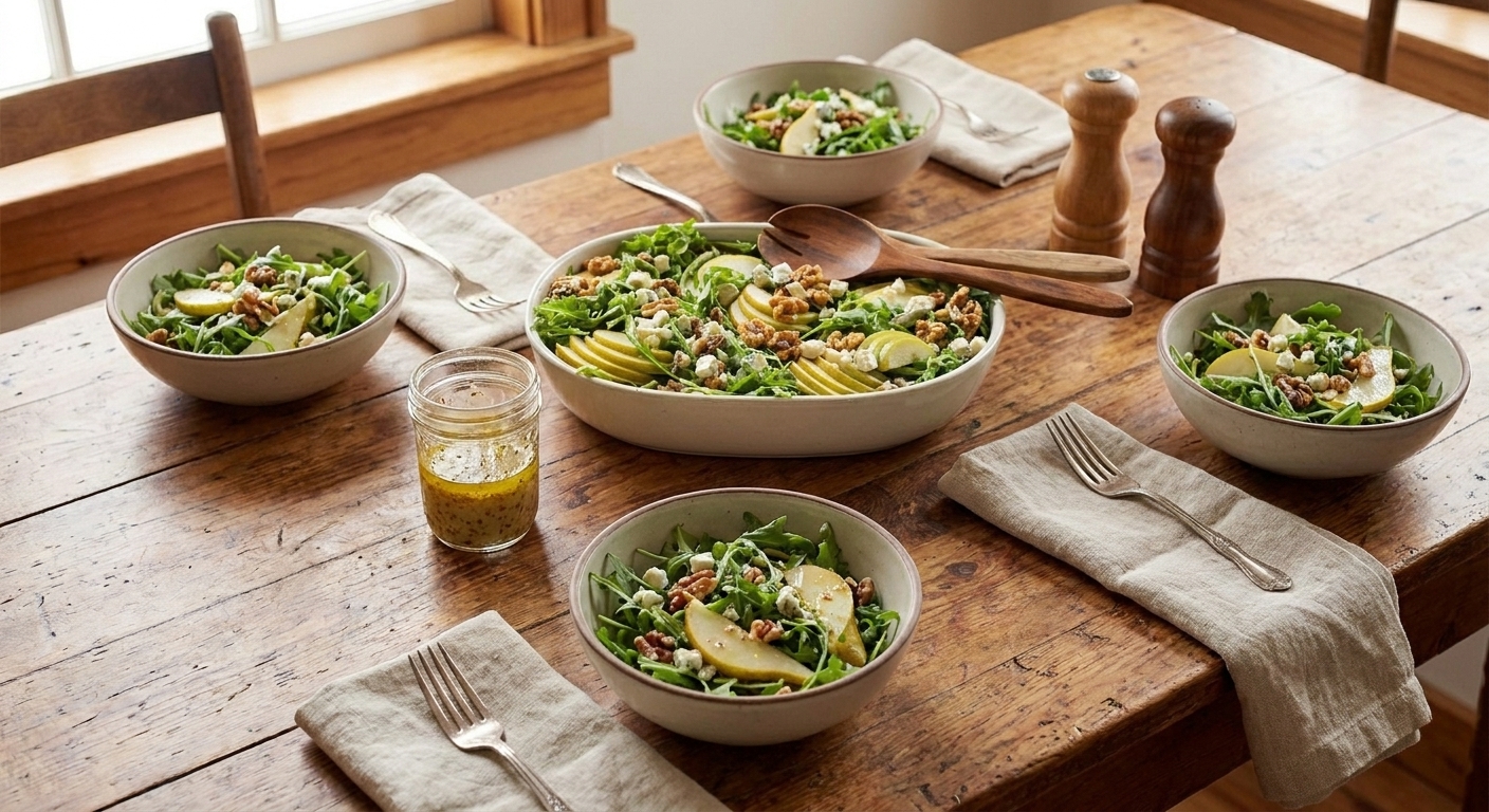 A dinner table setting with bowls of pear salad, forks, cloth napkins, and a small jar of vinaigrette in soft natural light