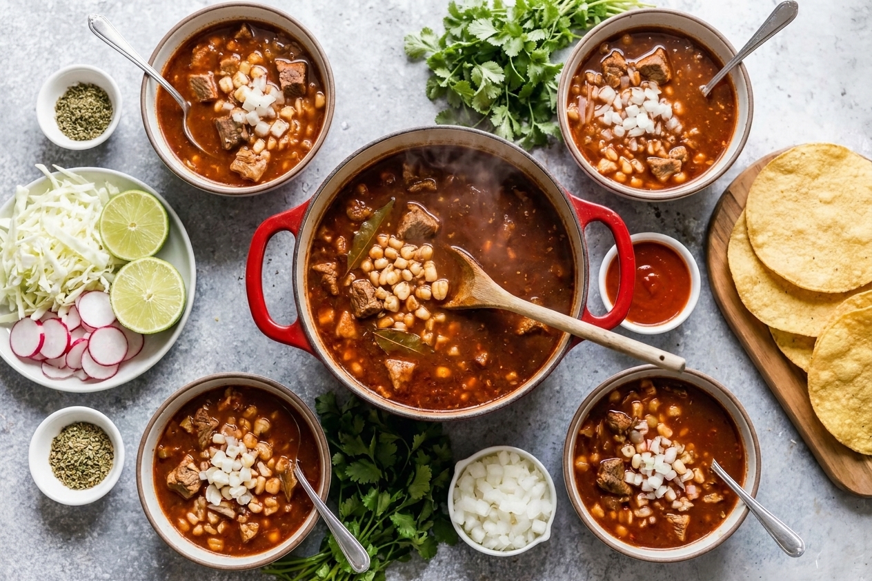 A dinner table setting with bowls of pozole rojo and small plates of toppings like cabbage, radish, lime, and tostadas, ready for a family-style meal