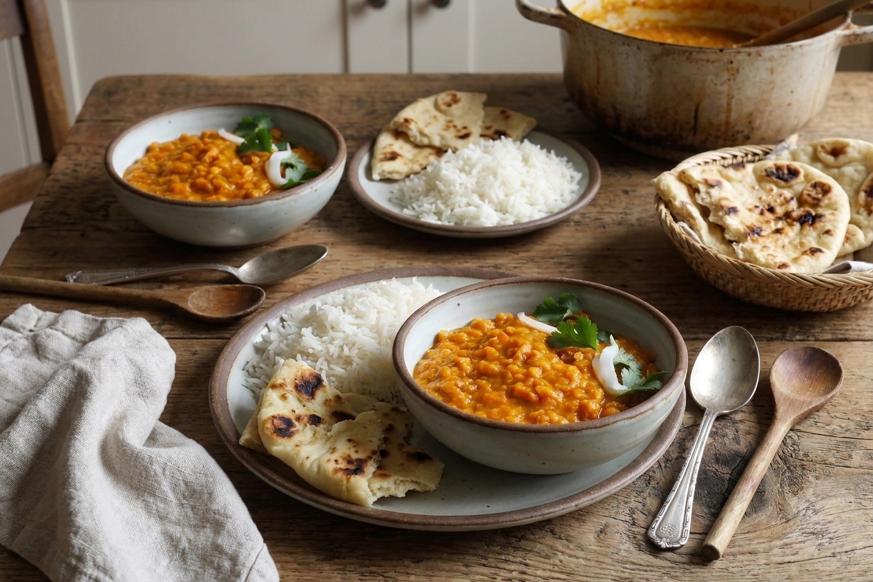 A dinner table setting with bowls of red lentil dhal, steamed rice, and naan on a wooden table under warm kitchen lighting