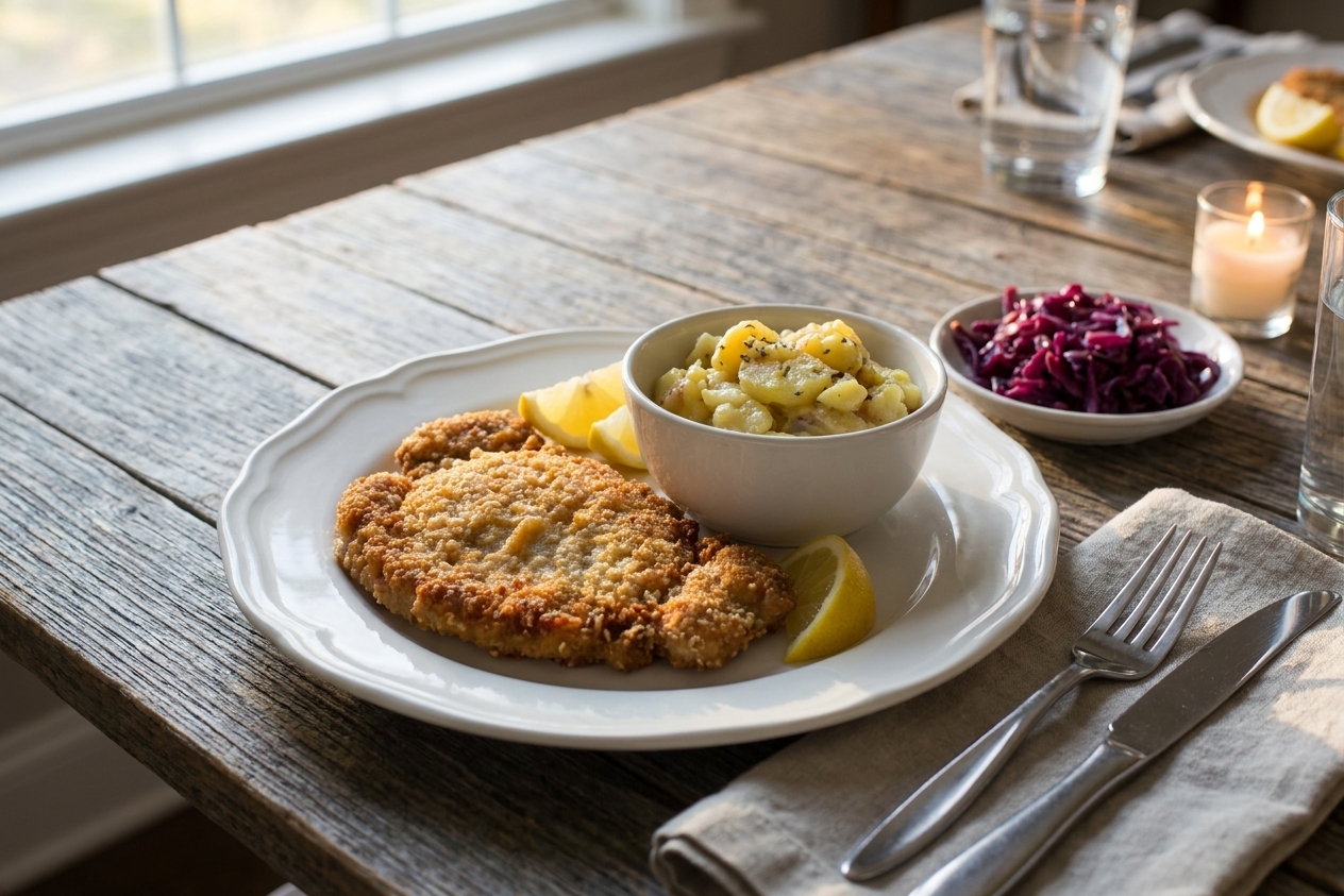 A dinner table setting with plated pork schnitzel, lemon wedges, and simple side dishes in warm evening light
