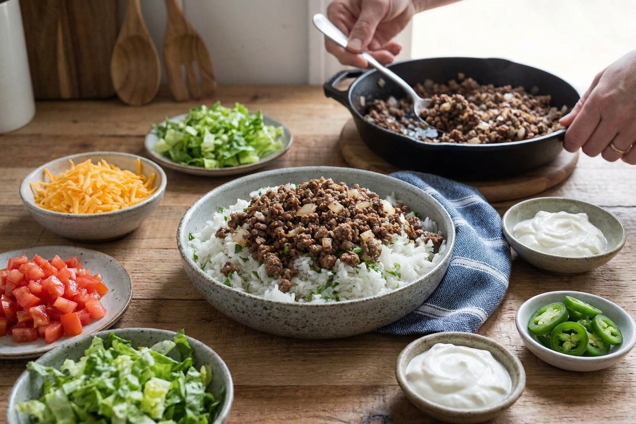 A dinner table setup with bowls of taco rice and small dishes of toppings like shredded cheese, lettuce, tomatoes, sour cream, and jalapeños