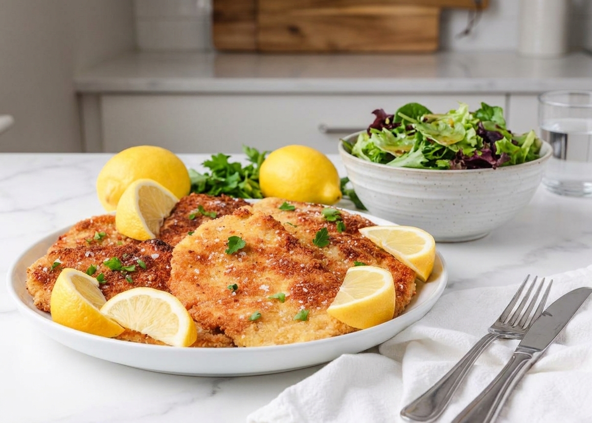 A dinner table with a platter of crispy chicken schnitzel, lemon wedges, and a simple green salad in a bowl under warm kitchen lighting